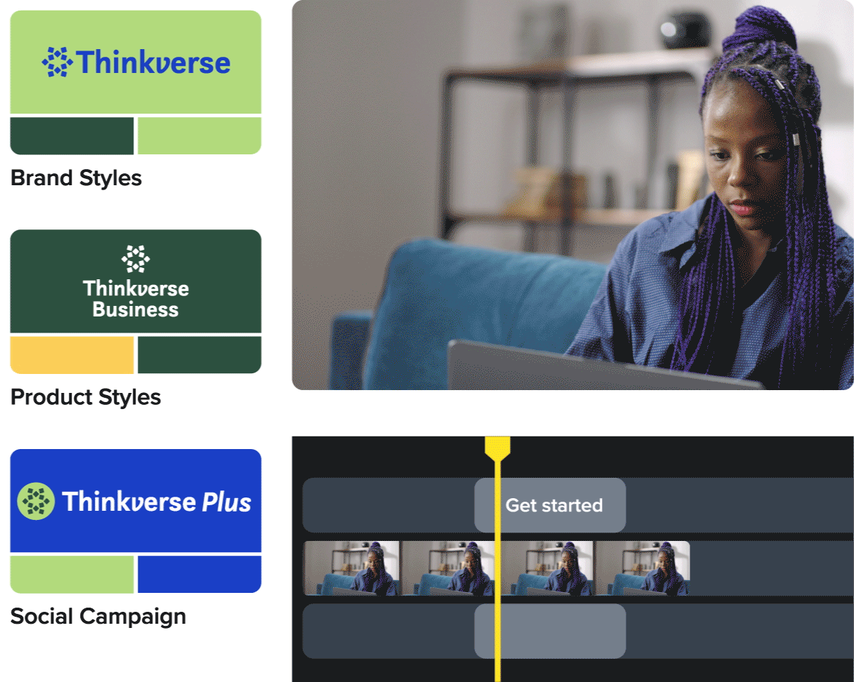 View of three brand style options next to the Maker editor showing a video preview with a timeline editor underneath.